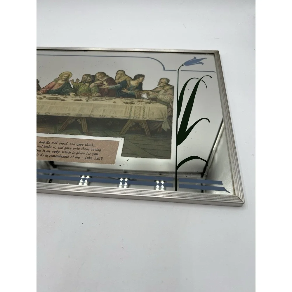 Vintage Last Supper Mirrored Wall Plaque Aluminum Frame Religious Decor
